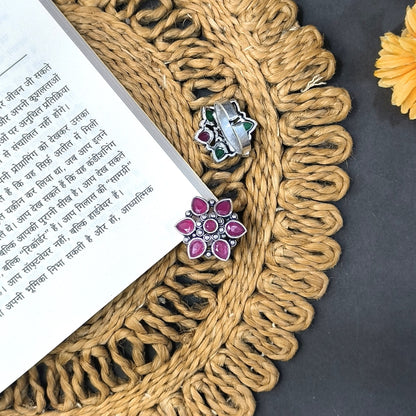 FLOWER OXIDISED SILVER LOOKLIKE ADJUSTABLE FINGER RINGS