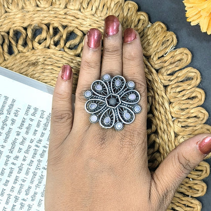 ANTIQUE FLOWER SILVER LOOKLIKE OXIDISED ADJUSTABLE FINGER RING