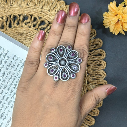 ANTIQUE FLOWER SILVER LOOKLIKE OXIDISED ADJUSTABLE FINGER RING