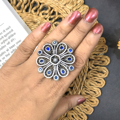 ANTIQUE FLOWER SILVER LOOKLIKE OXIDISED ADJUSTABLE FINGER RING