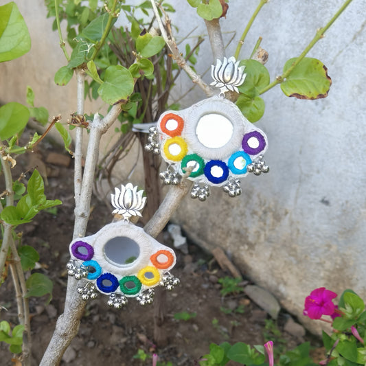 SUNDARI RAINBOW WORK WHITE CIRCLE EARRINGS