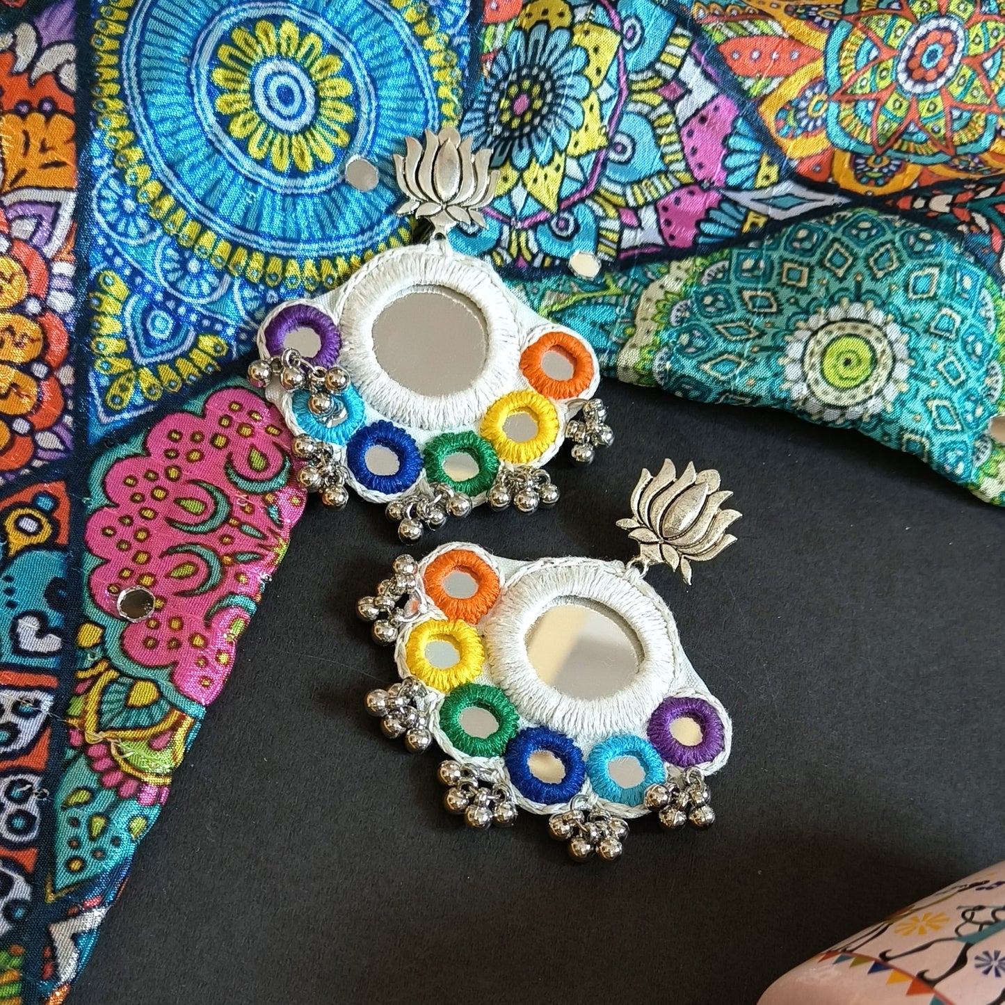 SUNDARI RAINBOW WORK WHITE CIRCLE EARRINGS