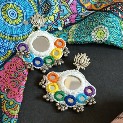 SUNDARI RAINBOW WORK WHITE CIRCLE EARRINGS