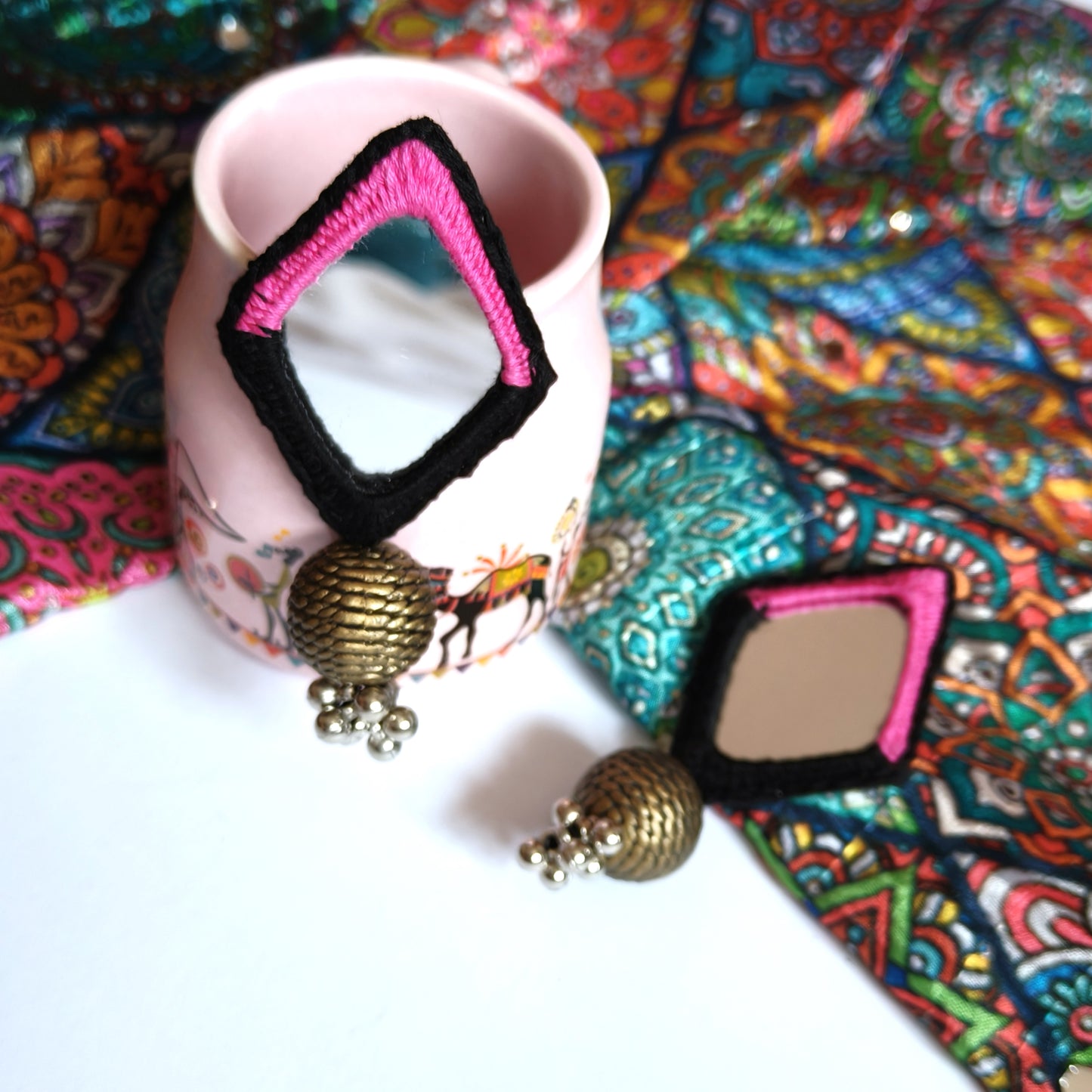 RAGINI BLACK PINK DIMOND MIRROR EARRINGS