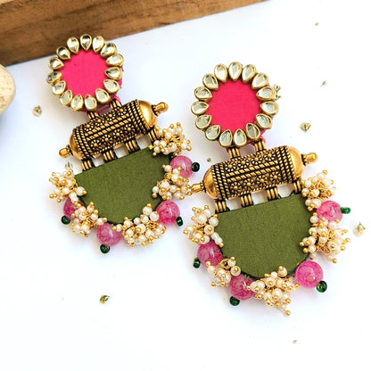 VRINDA HANDMADE PINK AND GREEN FABRIC EARRINGS