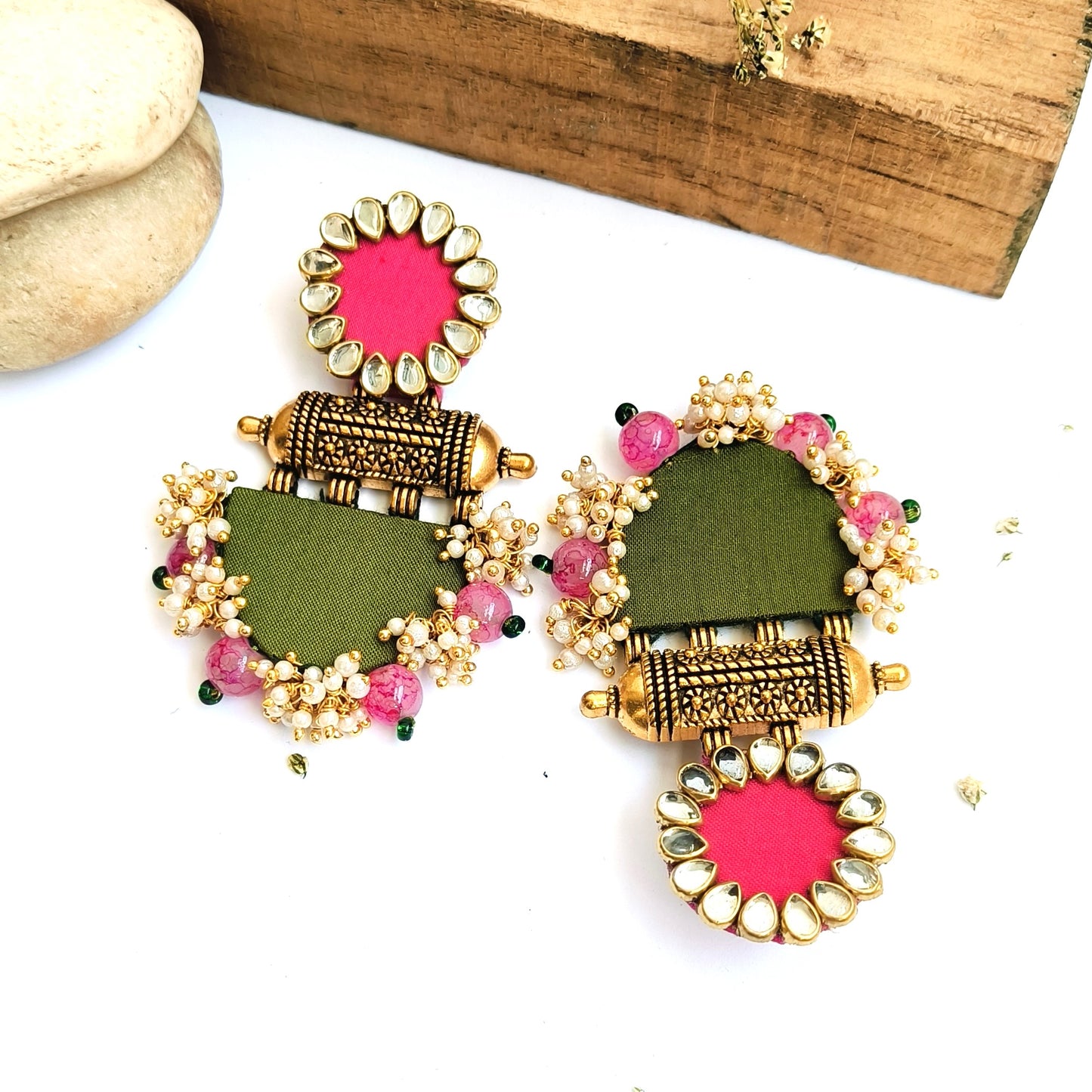 VRINDA HANDMADE PINK AND GREEN FABRIC EARRINGS