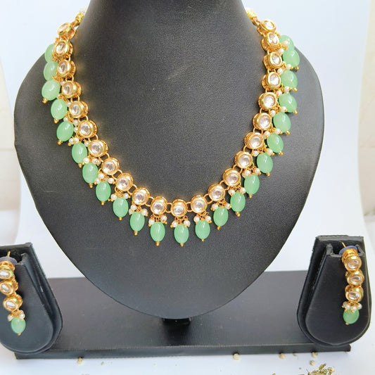 KUNDAN WITH GREEN BEADS AND EARRINGS