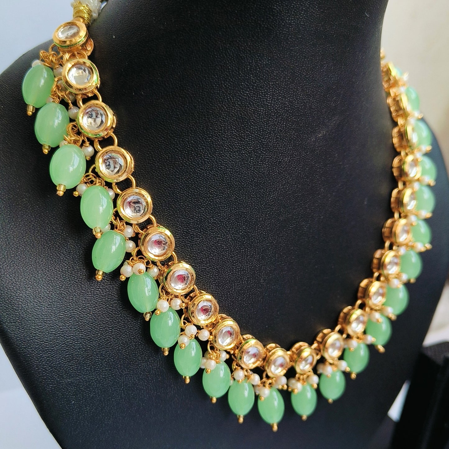 KUNDAN WITH GREEN BEADS AND EARRINGS