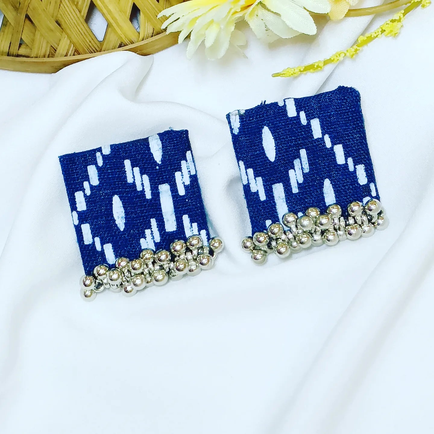 Silver tone with Navy Fabric Earring