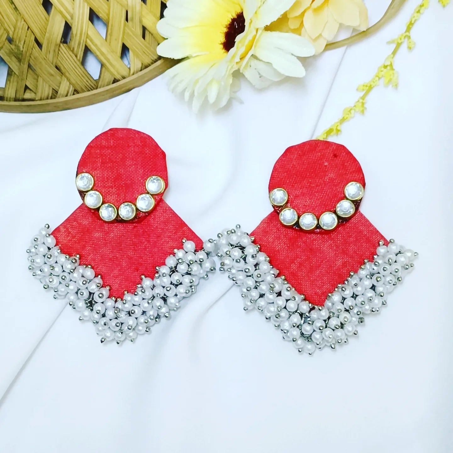 Red And White Pearls Fabric Earring