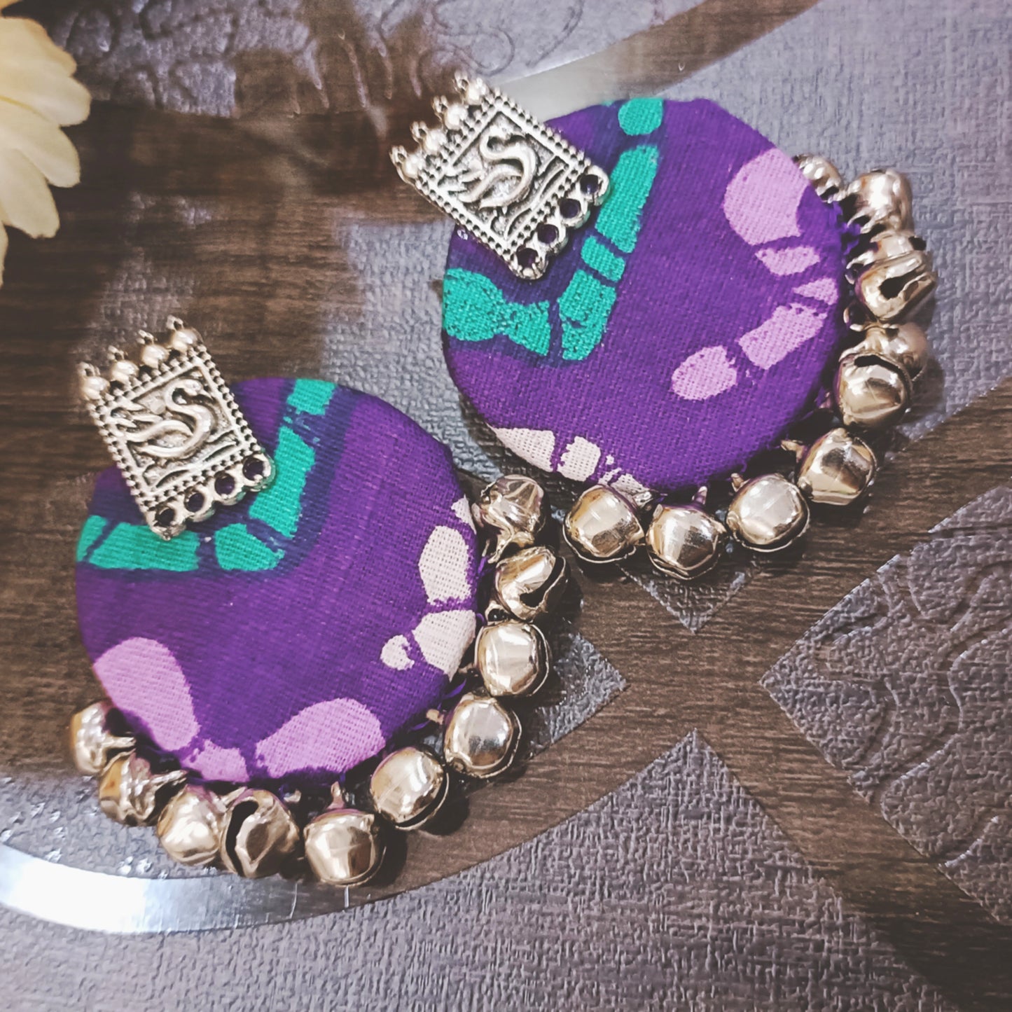 Purple Printed Fabric And Casting Gungaroo Earrings