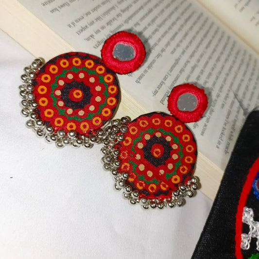 Silver Tone Gungroo and Mirror With Red Bandhani  Earrings