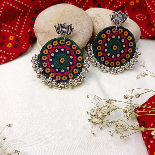 Silver Tone Gungroo With Green Fabric Earrings