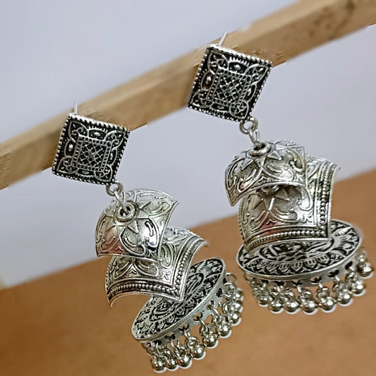 Silver Tone Long 3 layer Jhumka