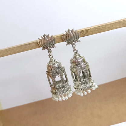 Silver Tone Louts pearl Script Sita-Ram Jhumka