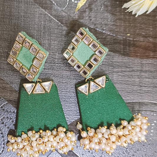 White pearl green fabric Earring