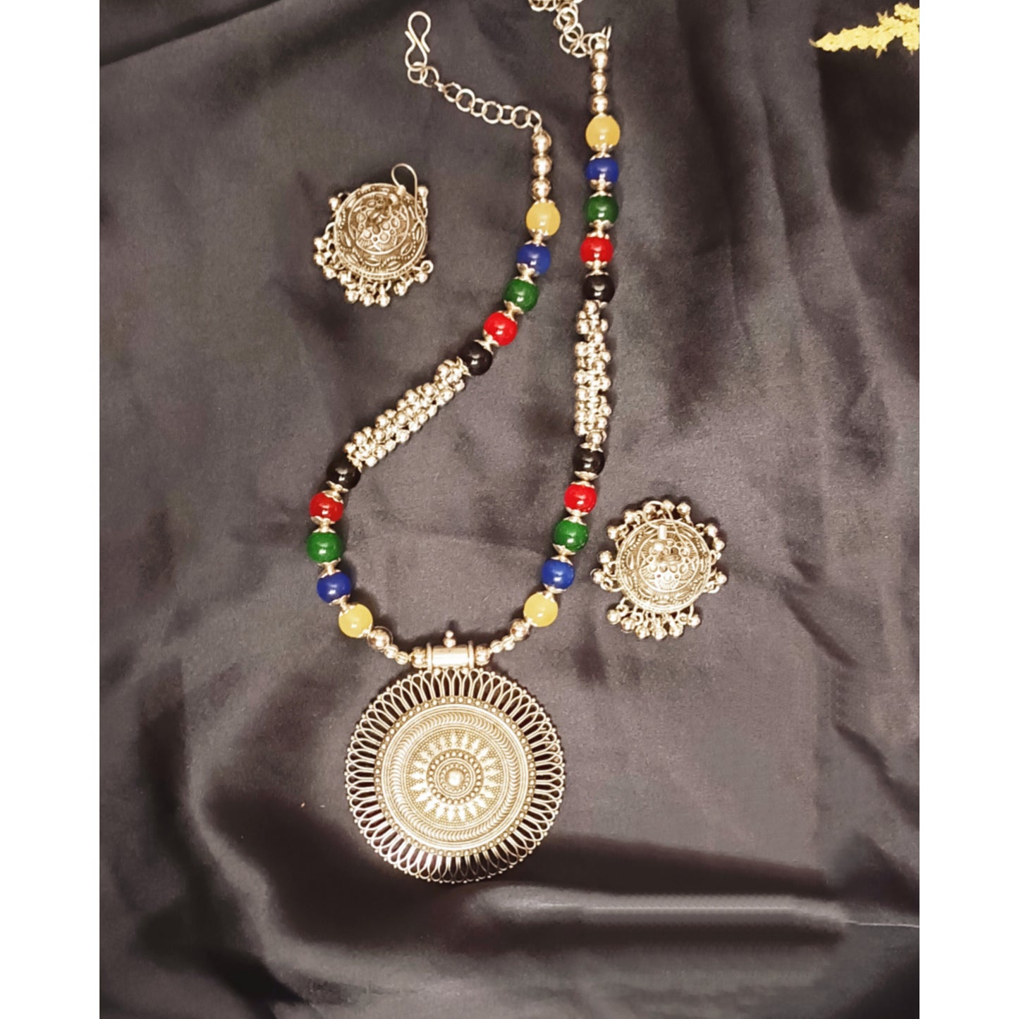 Silver Tone Multi Beads Pendant Necklace with Beautiful Jhumka