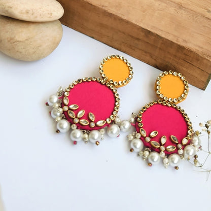 EVA HANDMADE PINK AND YELLOW FABRIC EARRINGS