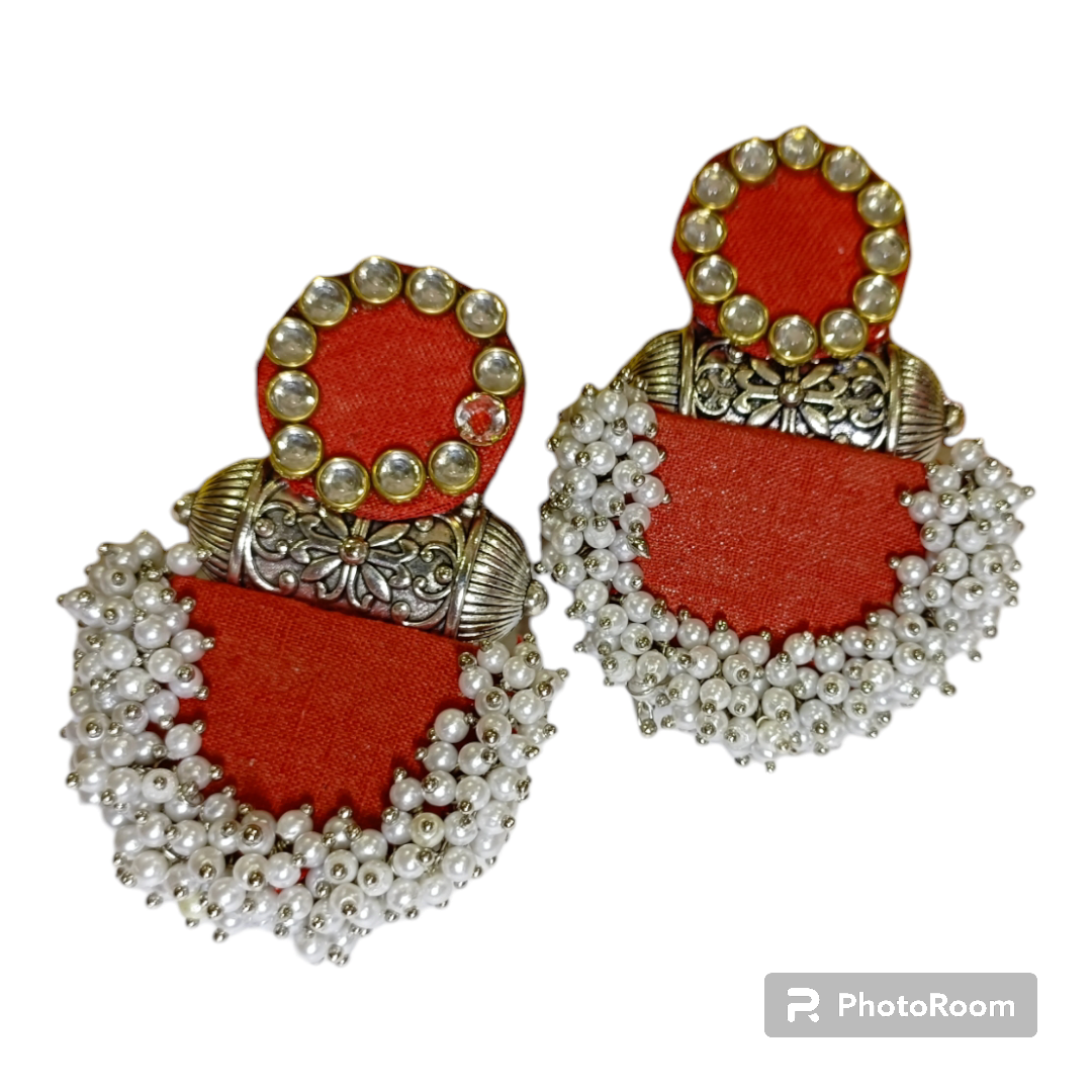 Red And White Pearls Fabric Earring